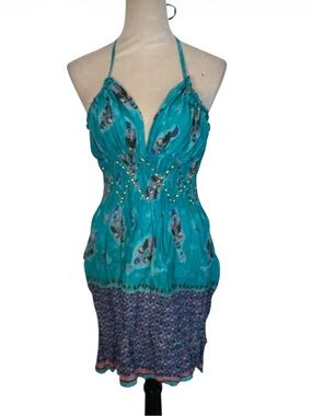 Nolita Vintage Teal Halter Mini Dress | Boho Festival Smocked Cotton, Size M